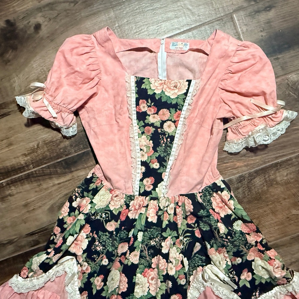 Judy Hoppes VTG Womens Cottagecore Floral Lace Ruffle Lolita Square Dress,Pink,M - Picture 3 of 11